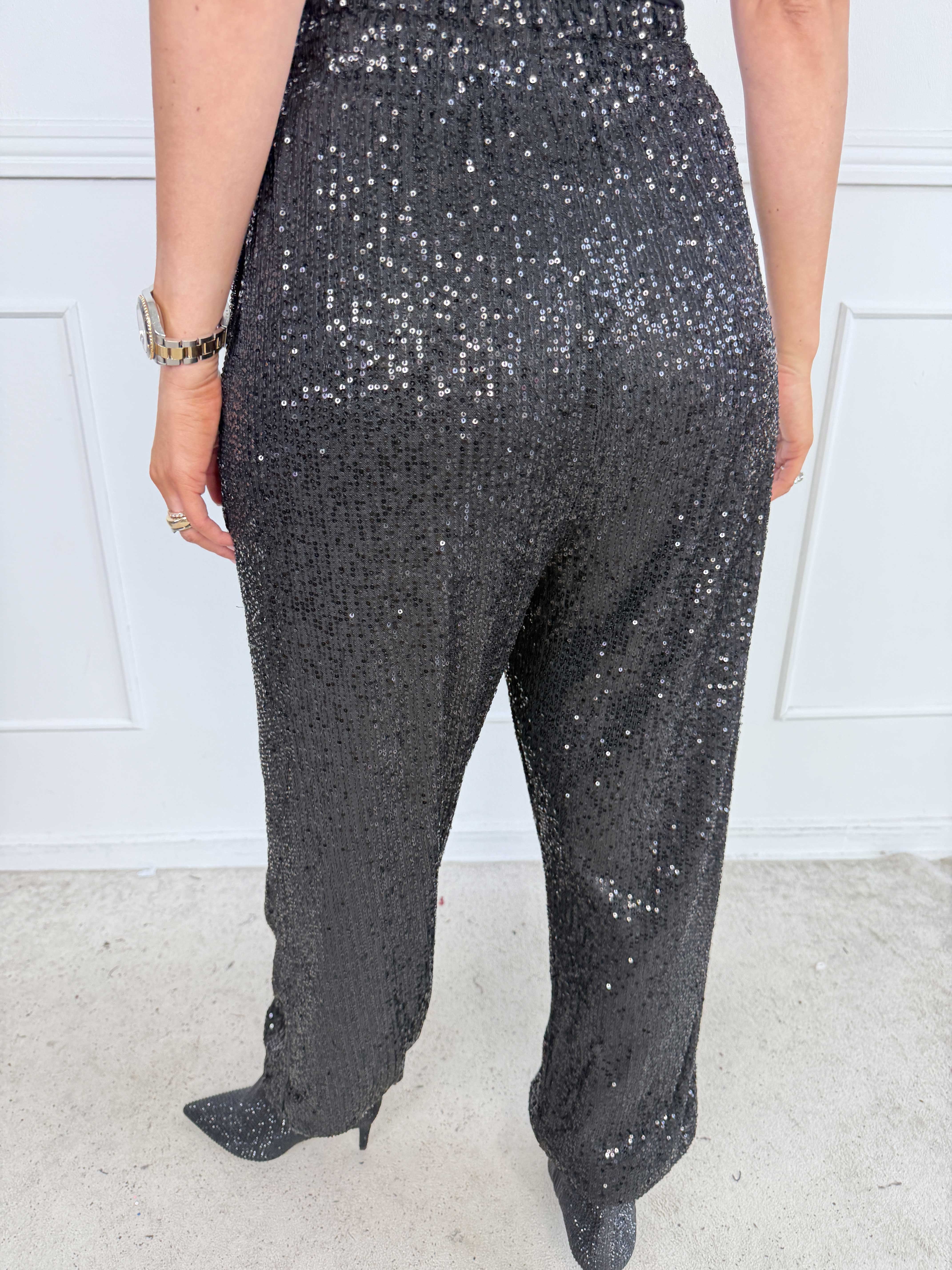 Pams Glitter Harem Pants - Elastiska paljettbyxor i plus size med smock i midjan